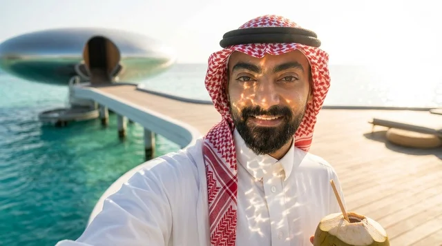 رجل سعودي يلتقط سيلفي في منتجع شيبارة بالبحر الأحمر