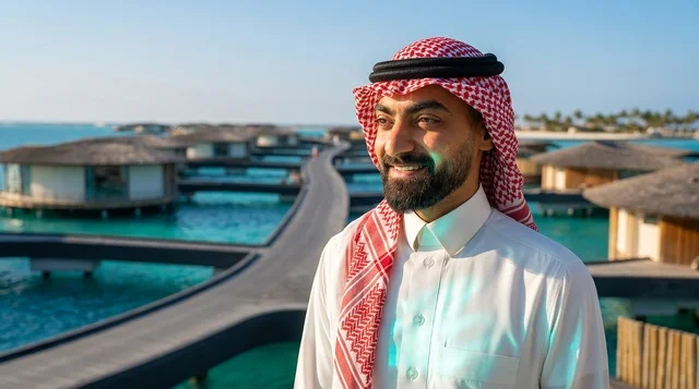 رجل سعودي بالزي التقليدي في منتجع سياحي مائي فاخر