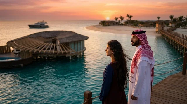 Saudi Couple at Red Sea Luxury Overwater Resort Sunset