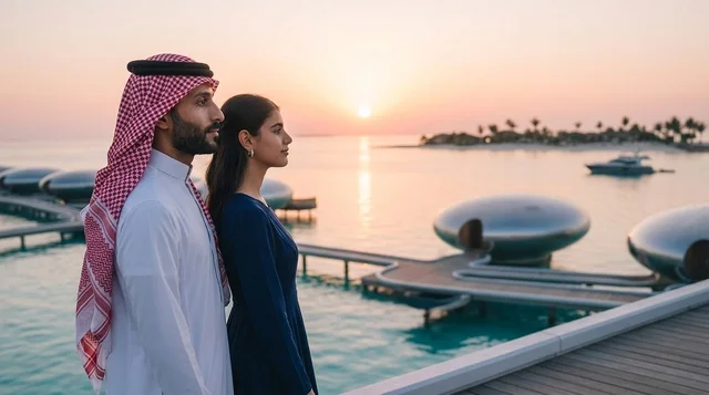 زوجان سعوديان في منتجع بحري فاخر عند غروب الشمس