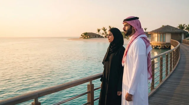 زوجان سعوديان في منتجع استوائي أثناء غروب الشمس