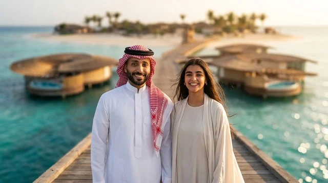 Arab Couple at Tropical Island Resort on Wooden Pier