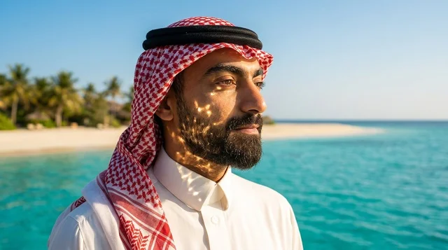 Portrait of Saudi Man in Shemagh on Tropical Beach