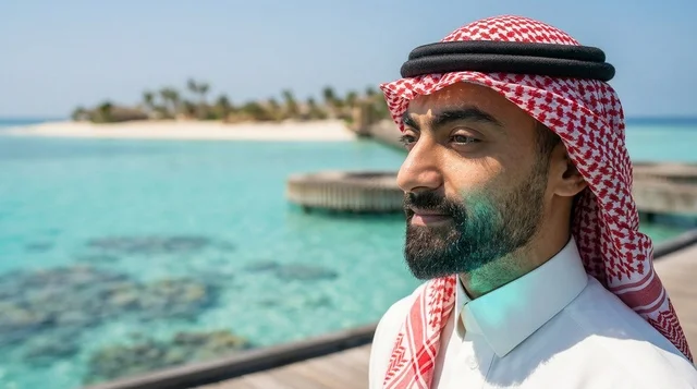 Saudi Man in Traditional Ghutra at Tropical Beach Resort