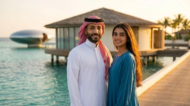 Saudi Couple at Luxury Overwater Resort during Sunset