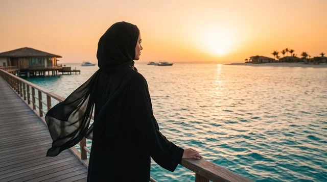 امرأة عربية ترتدي العباءة على رصيف منتجع مائي عند الغروب