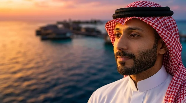 رجل سعودي بالزي التقليدي وقت غروب الشمس على البحر