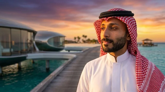 Saudi Arabian Man at Luxury Overwater Resort at Sunset