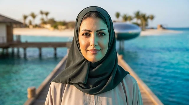 امرأة عربية محجبة على رصيف منتجع ساحلي استوائي