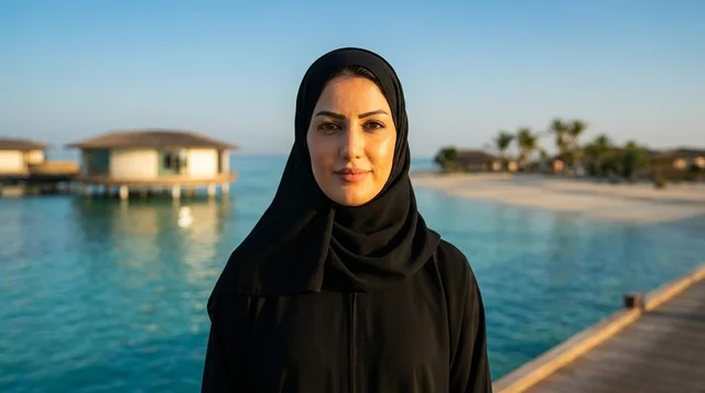 بورتريه امرأة عربية بالعباءة والحجاب في منتجع استوائي