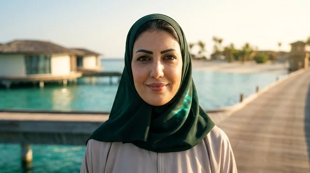 Smiling Arab Woman in Hijab at Tropical Water Resort