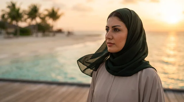Arab Woman in Hijab on Beach at Sunset