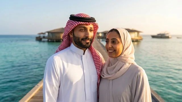 زوجان عربيان في منتجع مائي استوائي وقت غروب الشمس