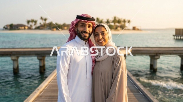 زوجان عربيان يبتسمان على رصيف منتجع بحري استوائي وقت الغروب
