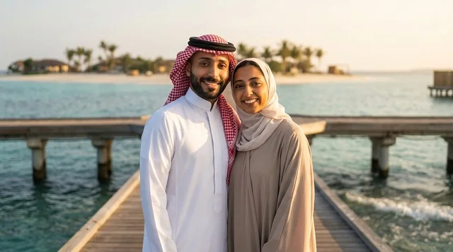 زوجان عربيان يبتسمان على رصيف منتجع بحري استوائي وقت الغروب