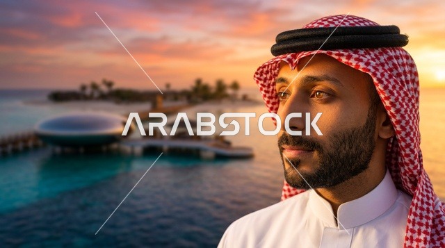 رجل سعودي بالزي التقليدي أمام منتجع فاخر وقت الغروب