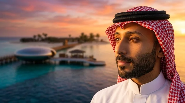 رجل سعودي بالزي التقليدي أمام منتجع فاخر وقت الغروب