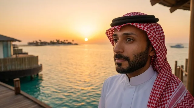 رجل سعودي بالزي التقليدي في منتجع ساحلي وقت الغروب