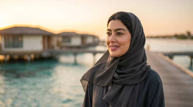 امرأة عربية بالحجاب في منتجع مائي عند غروب الشمس