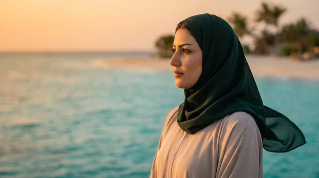 Muslim Woman in Hijab on Beach During Sunset Golden Hour