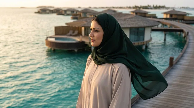 Arab Woman wearing Hijab at Overwater Resort Sunset