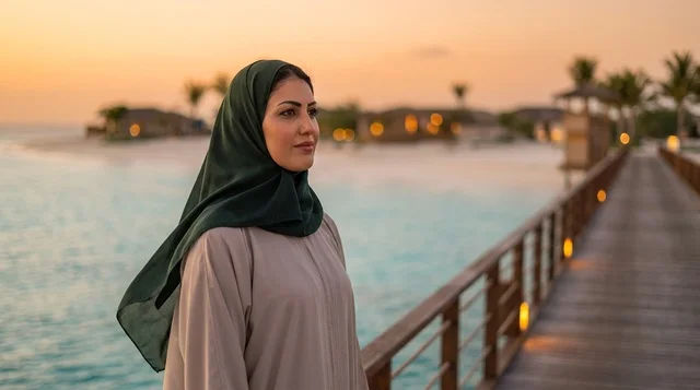 امرأة عربية بالحجاب في منتجع استوائي عند الغروب