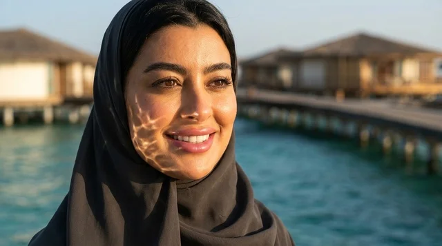 Arab Woman in Hijab at Overwater Resort at Sunset