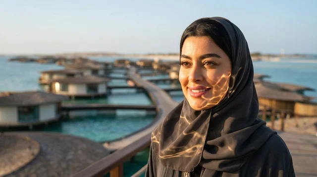 امرأة سعودية في منتجع بحري فاخر فوق الماء وقت الغروب