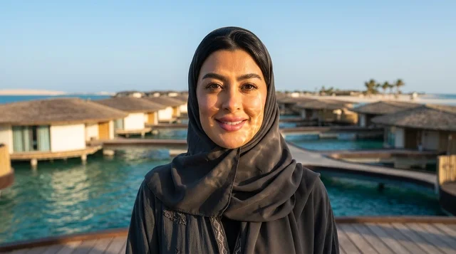 امرأة عربية مبتسمة في منتجع البحر الأحمر الفاخر