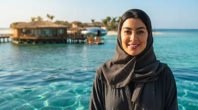 Saudi Woman at Luxury Red Sea Overwater Resort Beach