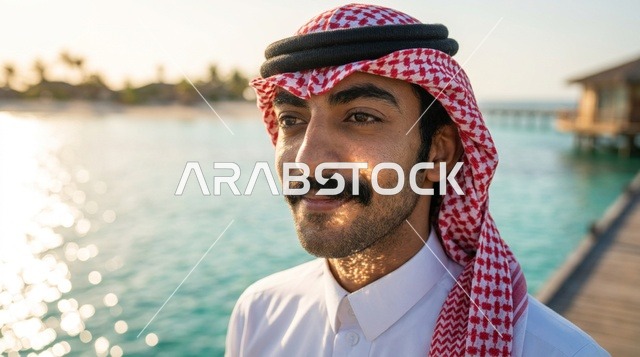 بورتريه لرجل سعودي بالزي التقليدي في منتجع استوائي
