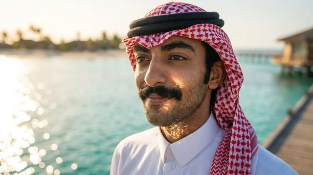 بورتريه لرجل سعودي بالزي التقليدي في منتجع استوائي