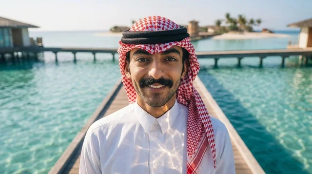 Saudi Man in Traditional Attire at Tropical Resort