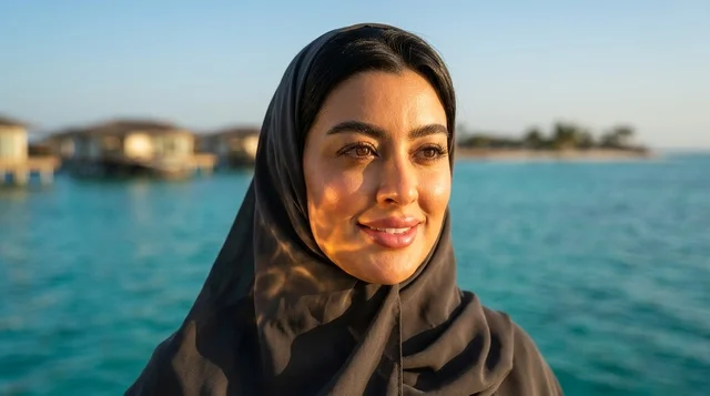 امرأة سعودية بالحجاب في منتجع استوائي عند الغروب