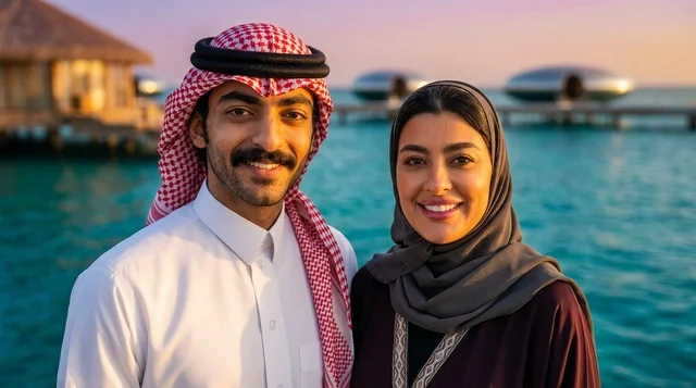 زوجان سعوديان في منتجع البحر الأحمر الفاخر وقت الغروب