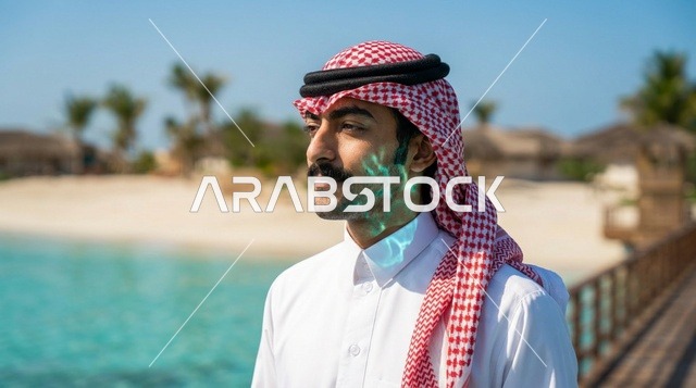 Saudi Man Biometric Face Scan at Coastal Beach Resort