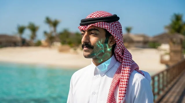 Saudi Man Biometric Face Scan at Coastal Beach Resort