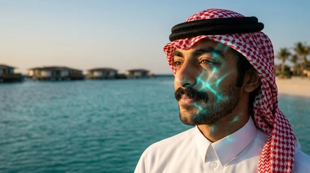 Saudi Man with Facial Hologram at Tropical Beach Resort