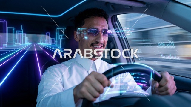 رجل عربي يقود سيارة مستقبلية ذكية مع شاشة تفاعلية