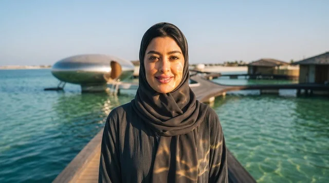 امرأة عربية تبتسم في منتجع مائي فاخر بالبحر الأحمر بالسعودية
