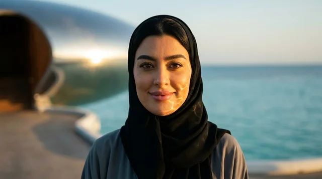 Smiling Saudi Woman at Coastal Resort During Sunset Smiling Saudi Woman at Coastal Resort During Sunset