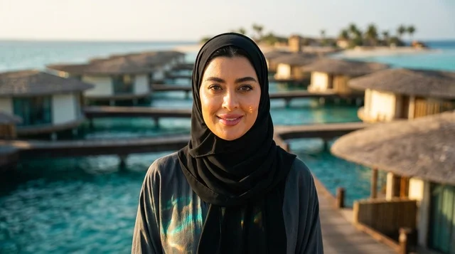 امرأة عربية بالحجاب في منتجع سياحي فاخر فوق الماء