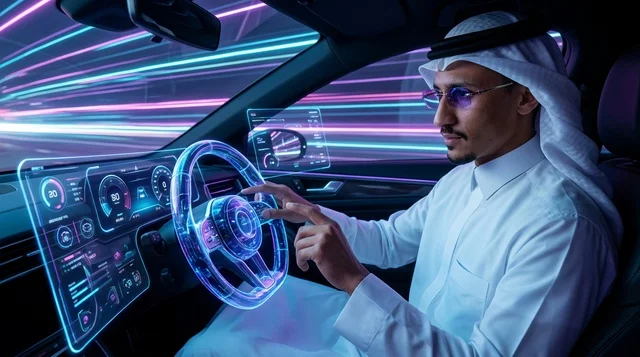 رجل سعودي يقود سيارة ذكية مستقبلية مع شاشة هولوغرام