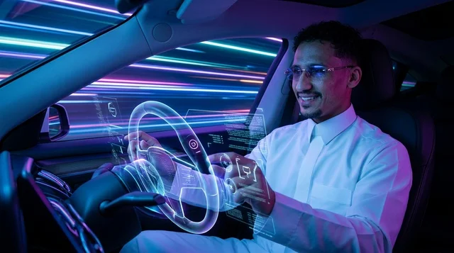رجل سعودي يقود سيارة مستقبلية بتقنية الهولوجرام