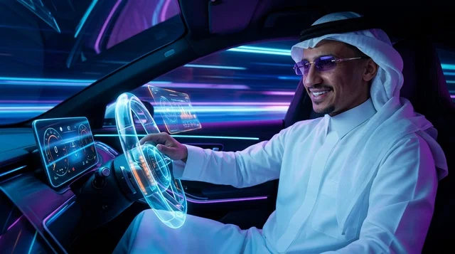 رجل سعودي يقود سيارة ذكية مستقبلية ذاتية القيادة