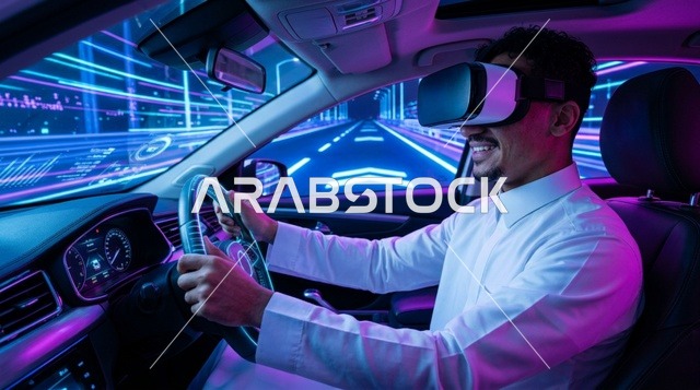 رجل سعودي يرتدي نظارة واقع افتراضي يقود سيارة مستقبلية