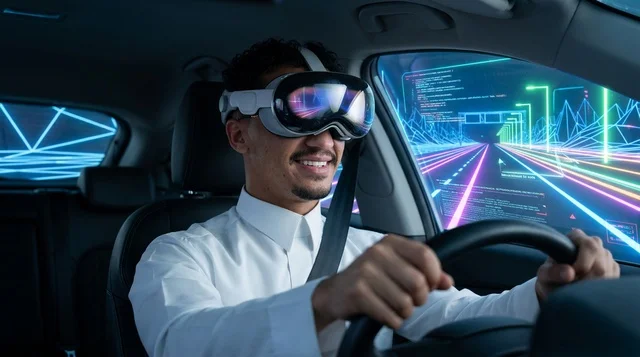 رجل عربي يرتدي نظارة واقع افتراضي يقود سيارة مستقبلية