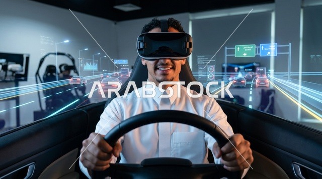 رجل سعودي يجرب تقنية محاكاة القيادة بالواقع الافتراضي