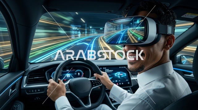 رجل عربي يرتدي نظارة واقع افتراضي في محاكي سيارة مستقبلية