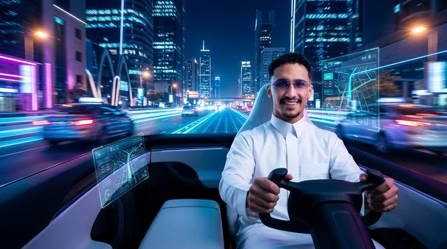 شاب سعودي يقود سيارة كهربائية مستقبلية في مدينة ذكية